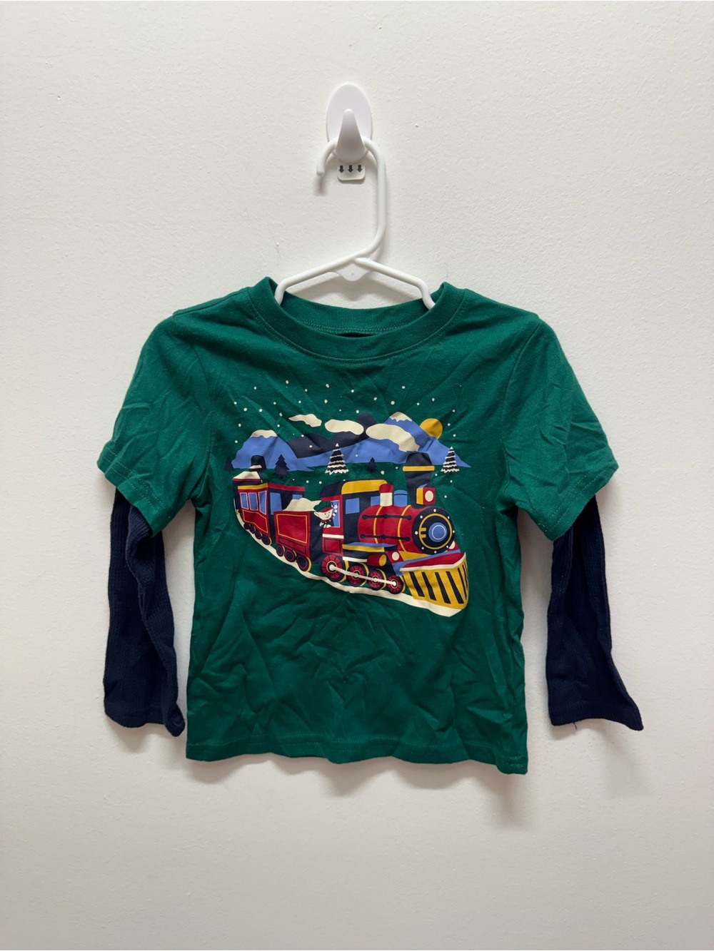 Green Layered-Style Long Sleeve Tee with Train Graphic